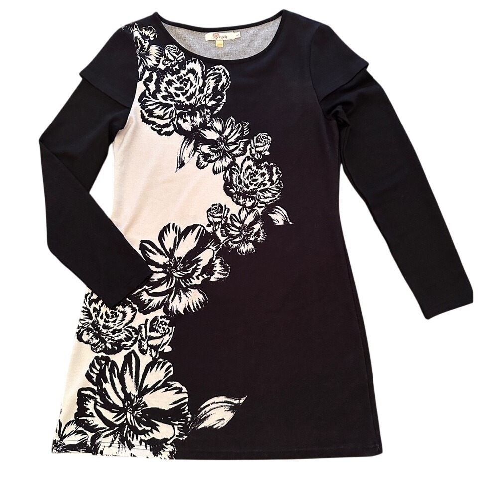 Aryeh Floral‎ Colorblock Tunic Dress Wmn Large Black Cream Knit Long Sleeve Mini